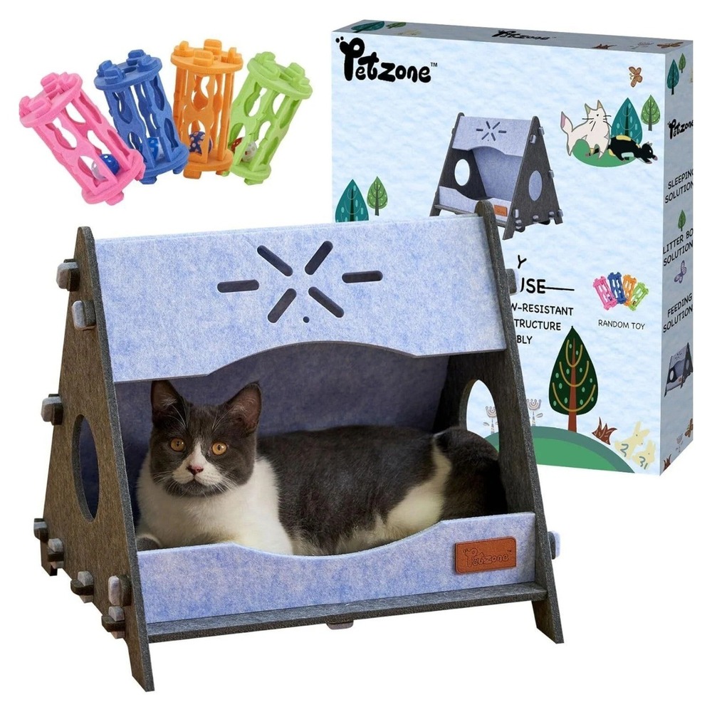 PETZONE Indoor Cat Cave Bed Tunnel Felt Scratch‎ Resistant Blue Grey Medium